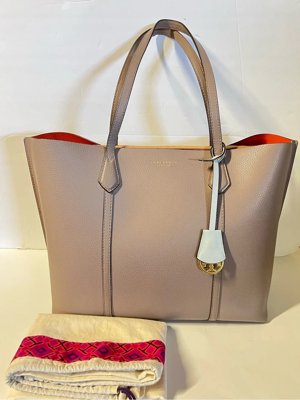 Tory Burch Taupe Pebbled Leather Tote with Light Blue Charm